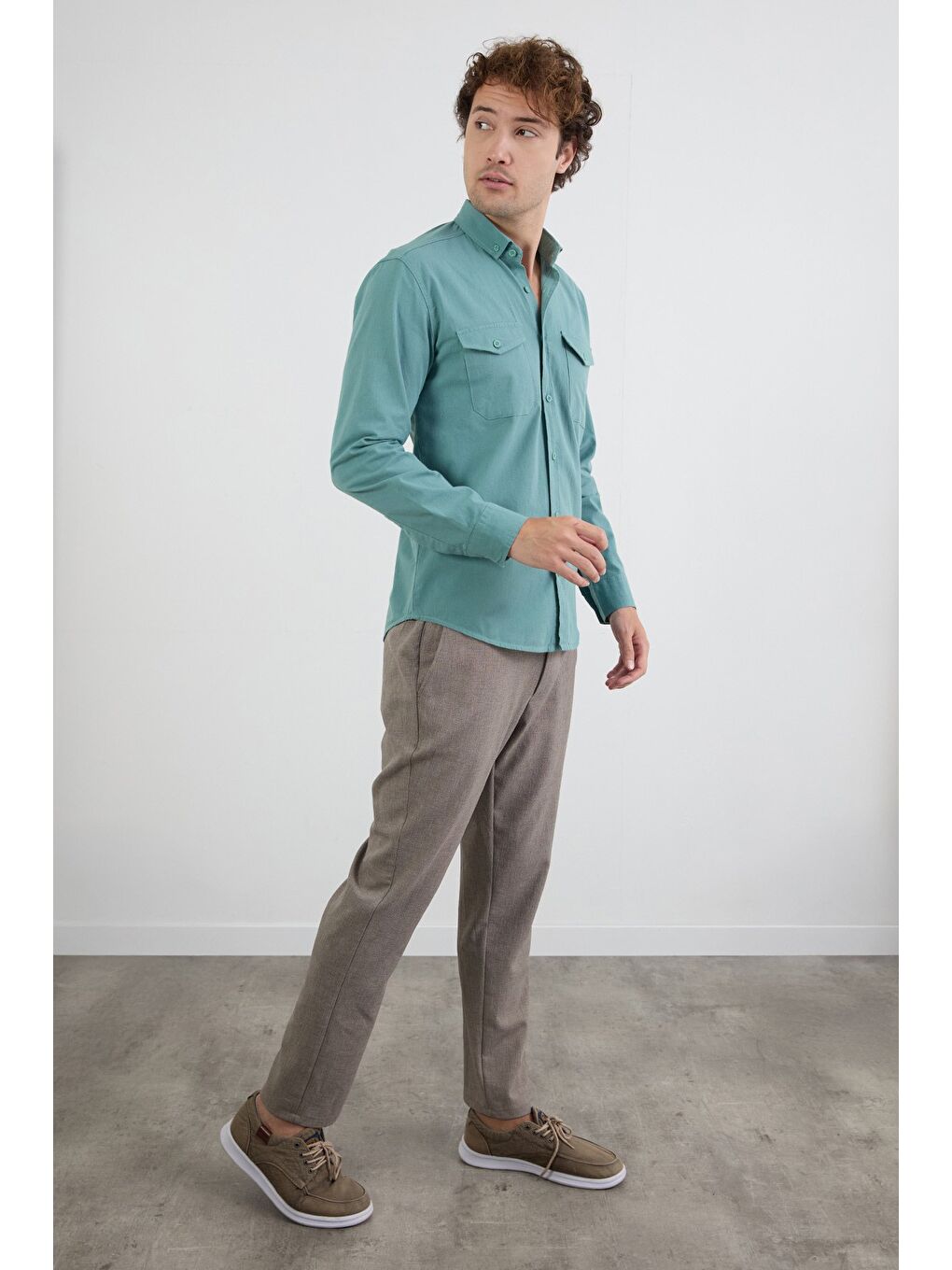 Yeşil Basic Çift Cepli %100 Pamuk Gömlek-2