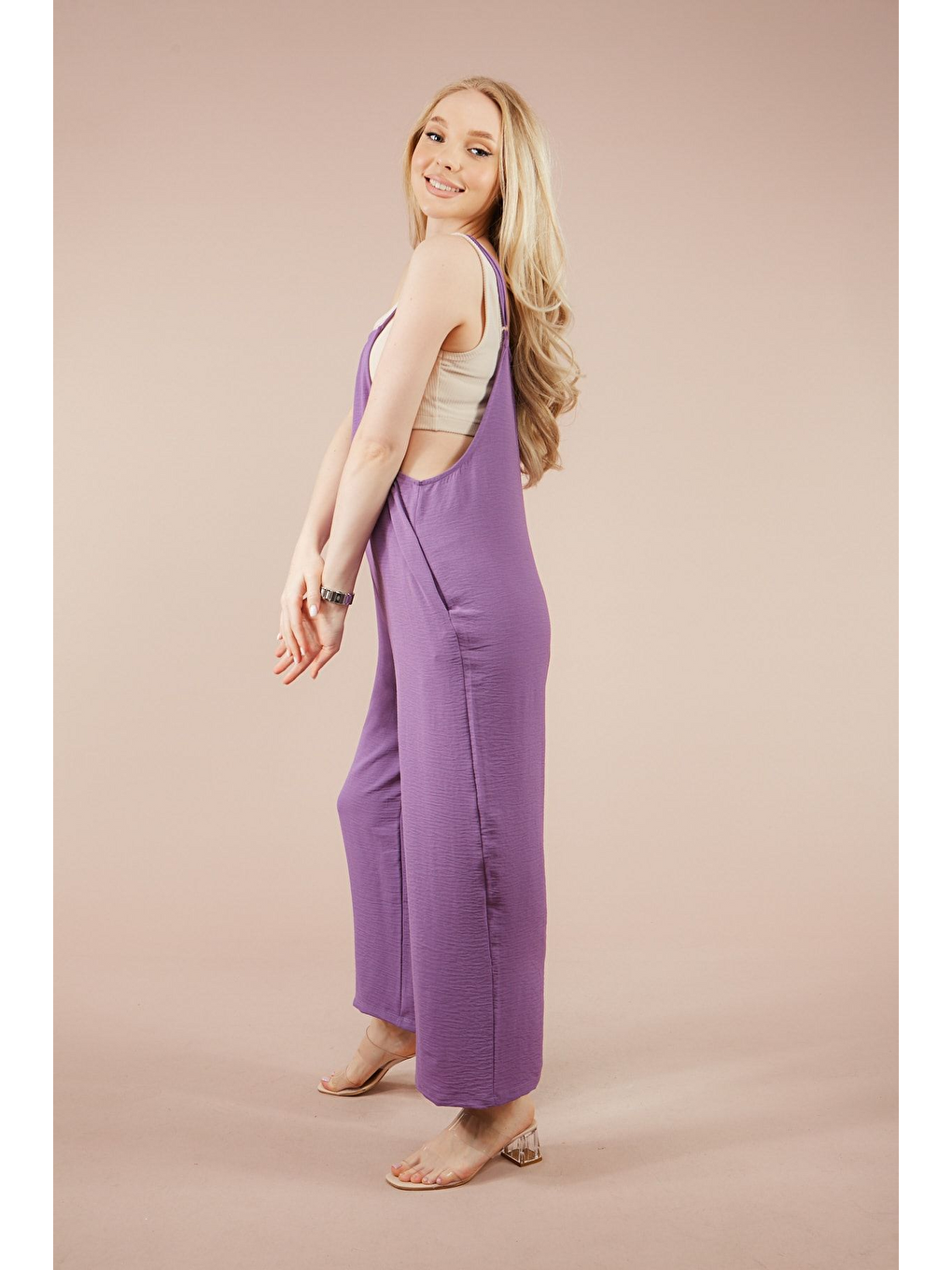 Kadın Lila Askılı Bol Kesim Atletli Tulum-3