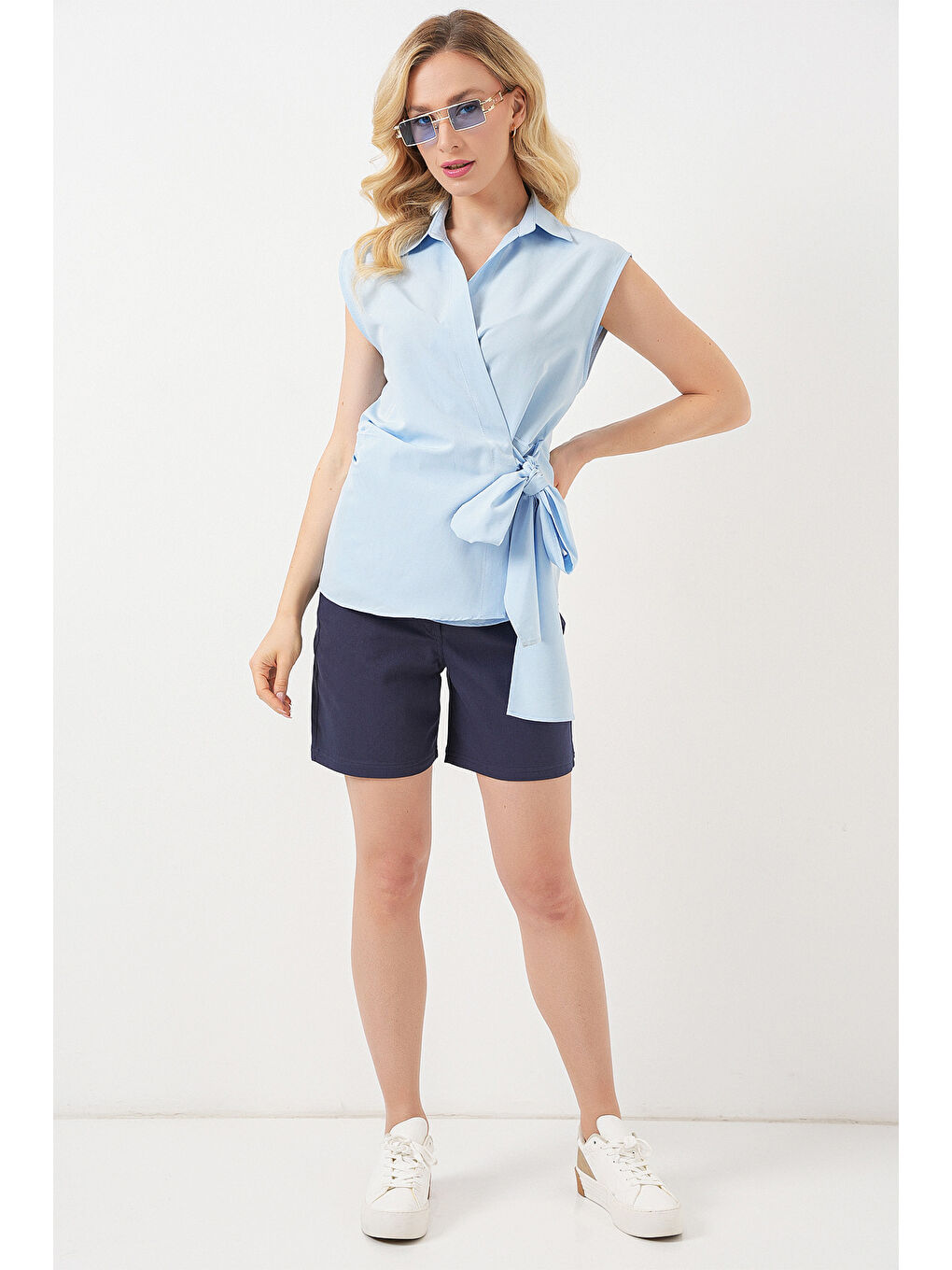 Kadın Sıfır Kol Anvelop Gömlek 20343 - Mavi-1