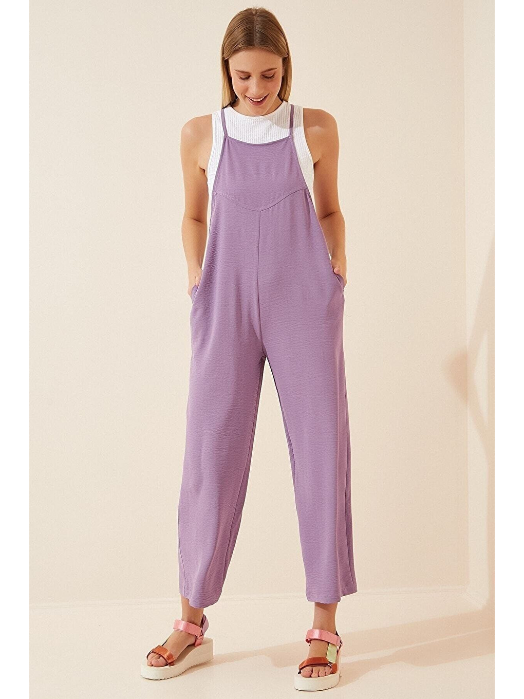 Kadın Lila Askılı Bol Kesim Atletli Tulum-4