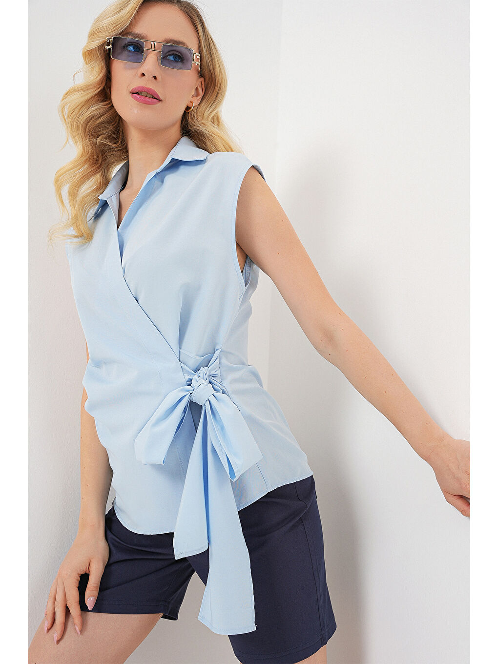 Kadın Sıfır Kol Anvelop Gömlek 20343 - Mavi-2