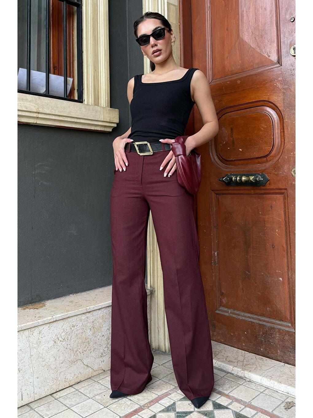 Bordo Yüksek Bel Kumaş Pantolon Mg2285-3