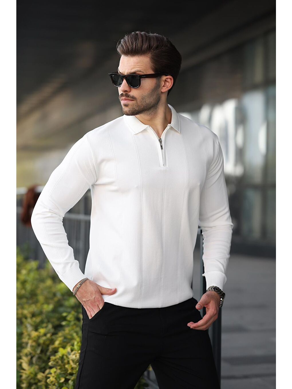 Beyaz Polo Yaka Fermuarlı Erkek Kazak E7427-2