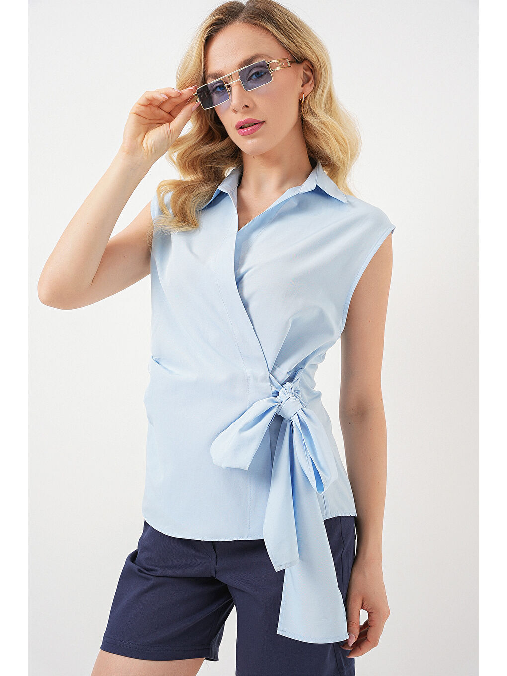 Kadın Sıfır Kol Anvelop Gömlek 20343 - Mavi-3