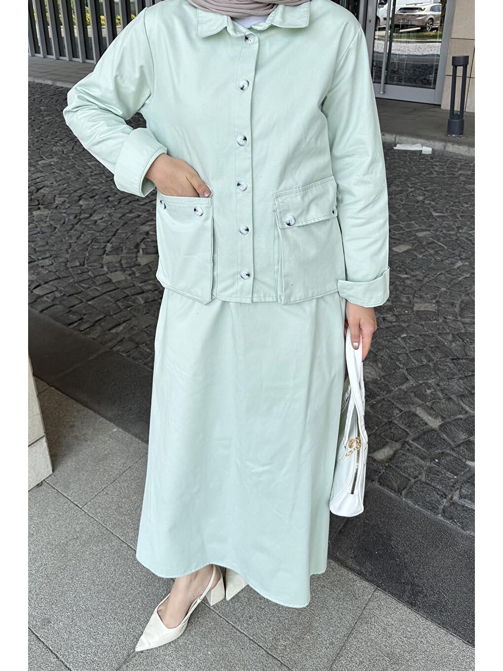 Cep Detaylı İkili Etek Tesettür Takım Mint Yeşili-2