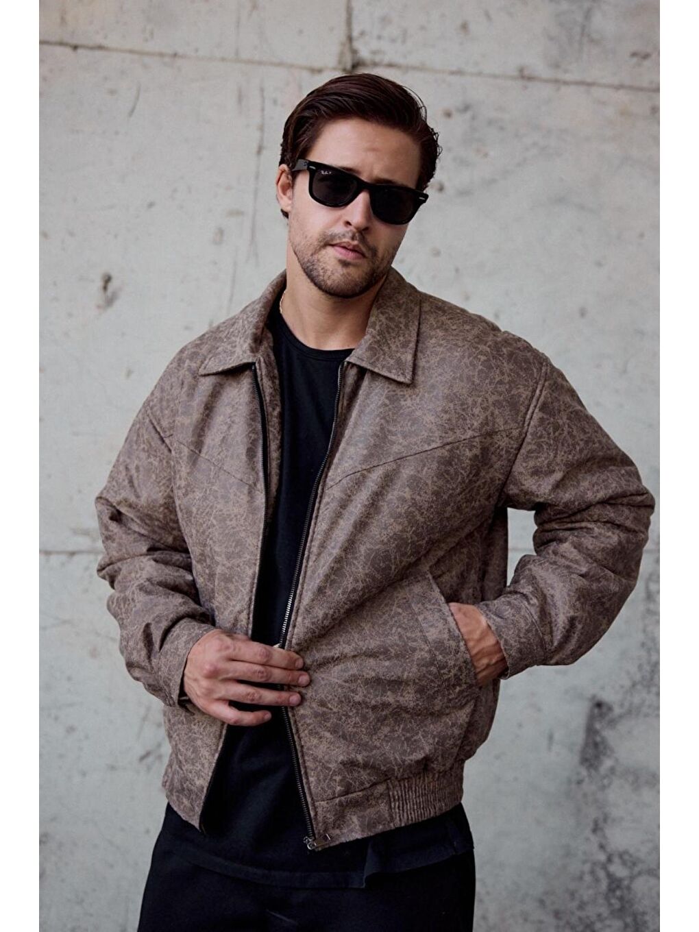 Bej Tica Beli Lastikli Damarlı  Erkek Deri Görünümlü Mont Ceket-1