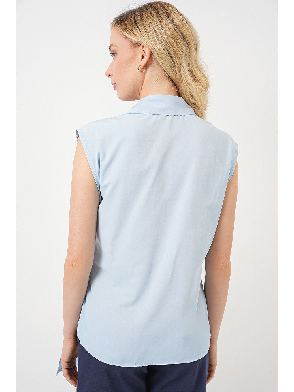 Kadın Sıfır Kol Anvelop Gömlek 20343 - Mavi-5