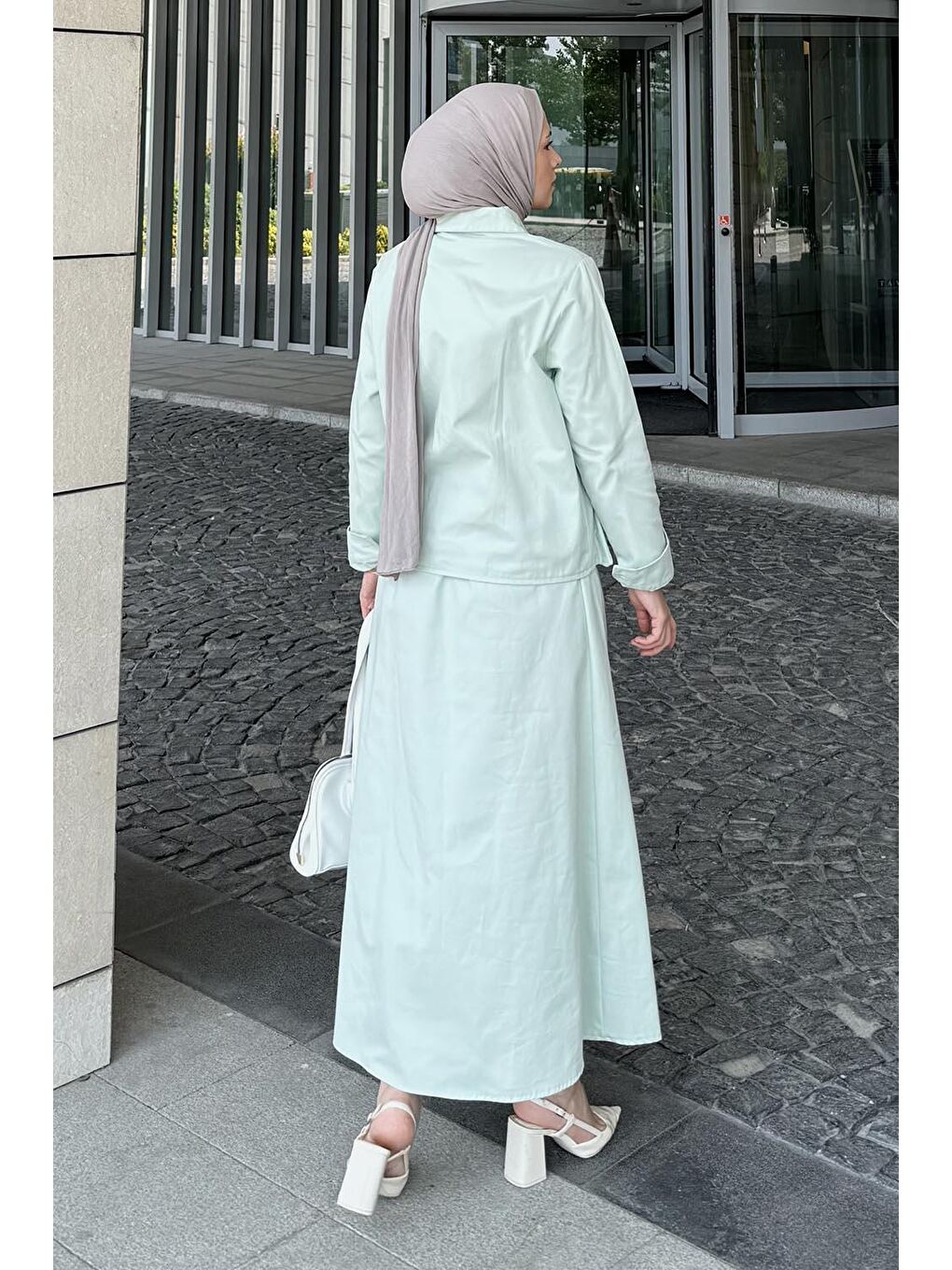 Cep Detaylı İkili Etek Tesettür Takım Mint Yeşili-3