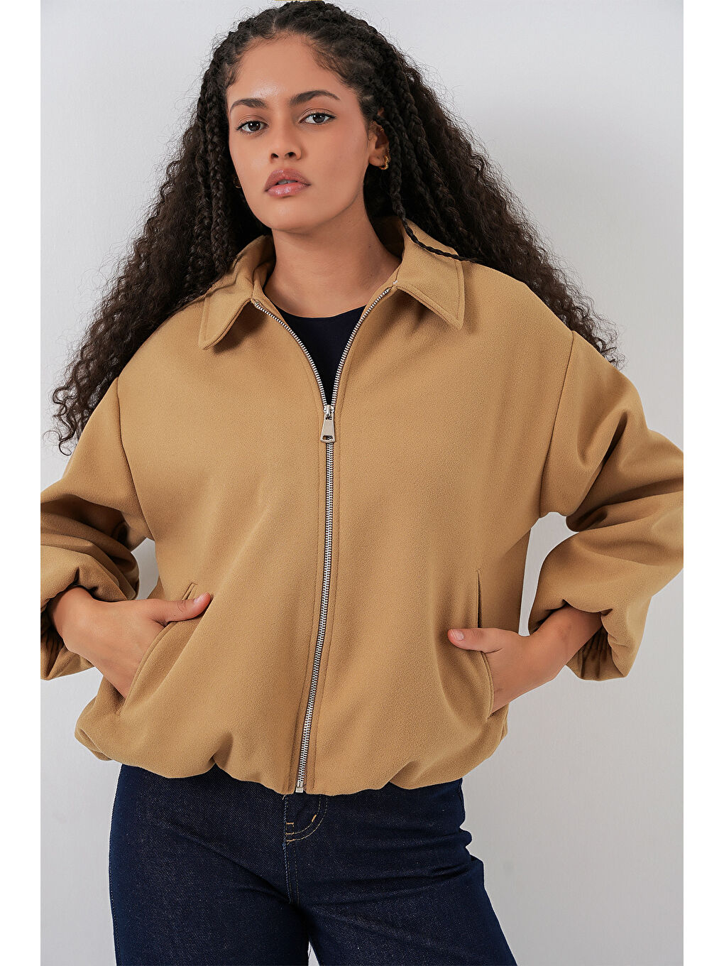 Sarı Kadın Büzgülü Oversize Kaşe Ceket 0728 - Hardal