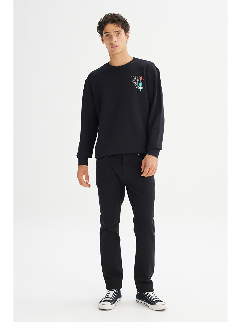 Siyah Pamuklu Regular Fit Bisiklet Yaka Sweatshirt-1