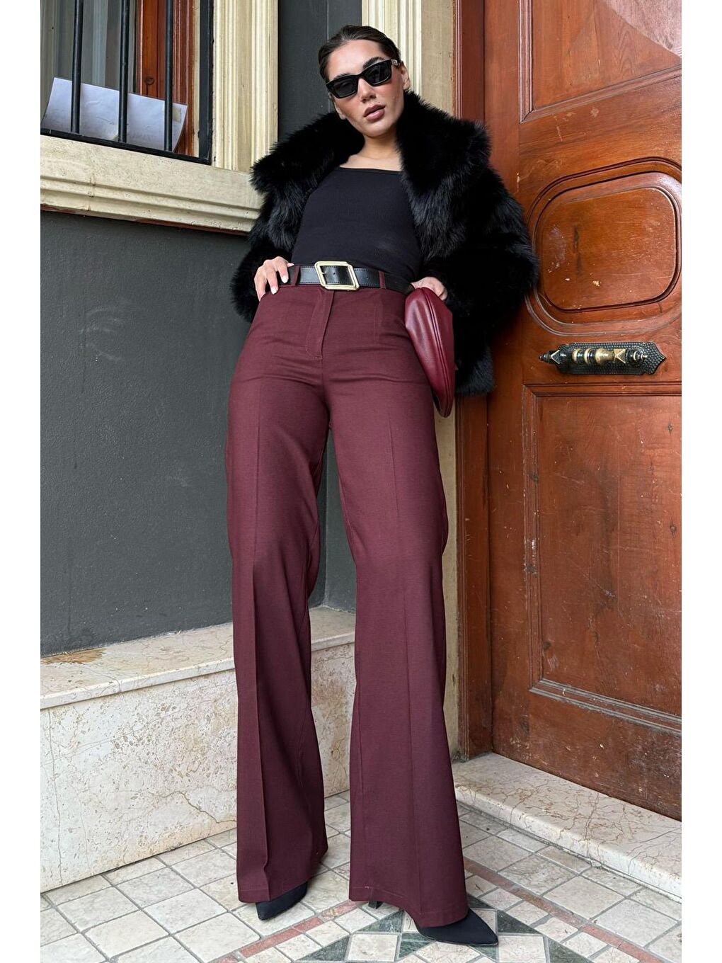 Bordo Yüksek Bel Kumaş Pantolon Mg2285-4