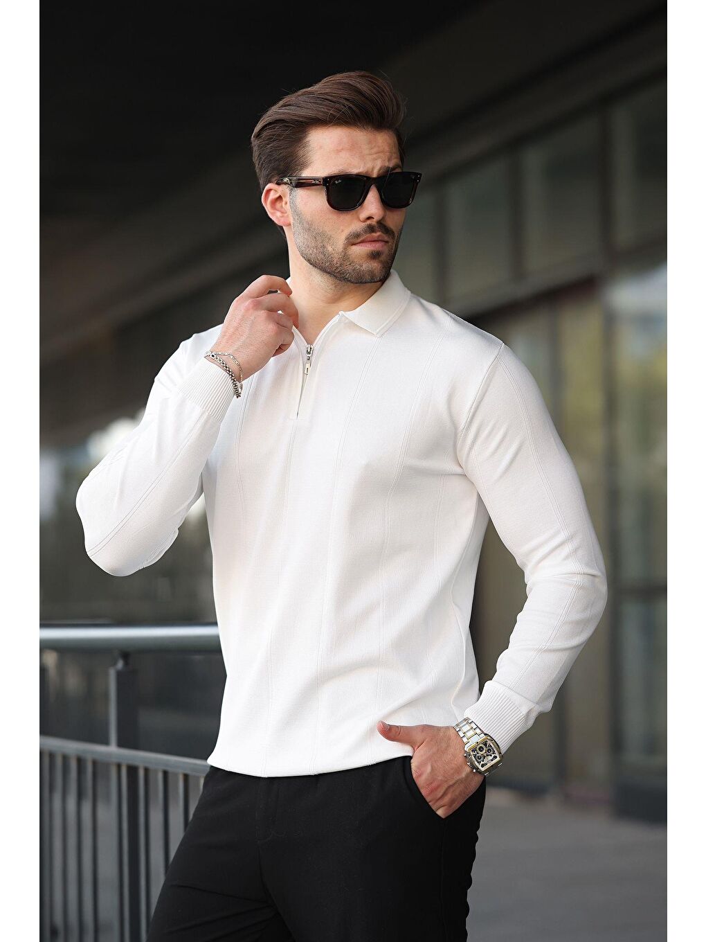 Beyaz Polo Yaka Fermuarlı Erkek Kazak E7427-3