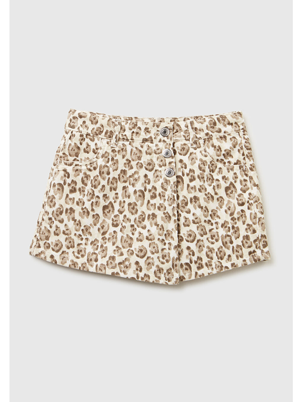 Kız Çocuk Bej Tamamı Desenli Düğmeli Ayarlanabilir Bel Kadife Bermuda Şort
