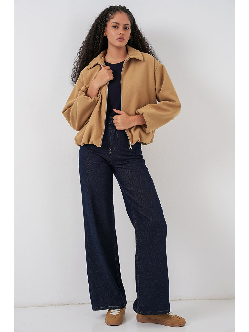 Sarı Kadın Büzgülü Oversize Kaşe Ceket 0728 - Hardal-1