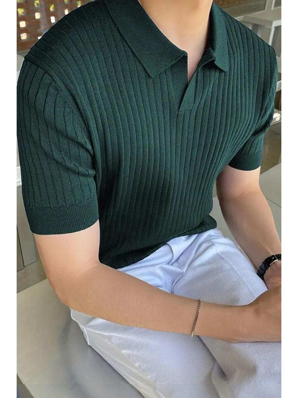 Yeşil Lorens Çizgili Elastanlı Slim Fit Polo Yaka Örme Erkek Triko Tshirt