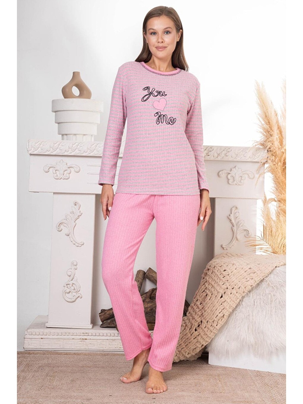 Pembe Let Me Slee P Baskılı Büyük Beden Pijama Takımı-1