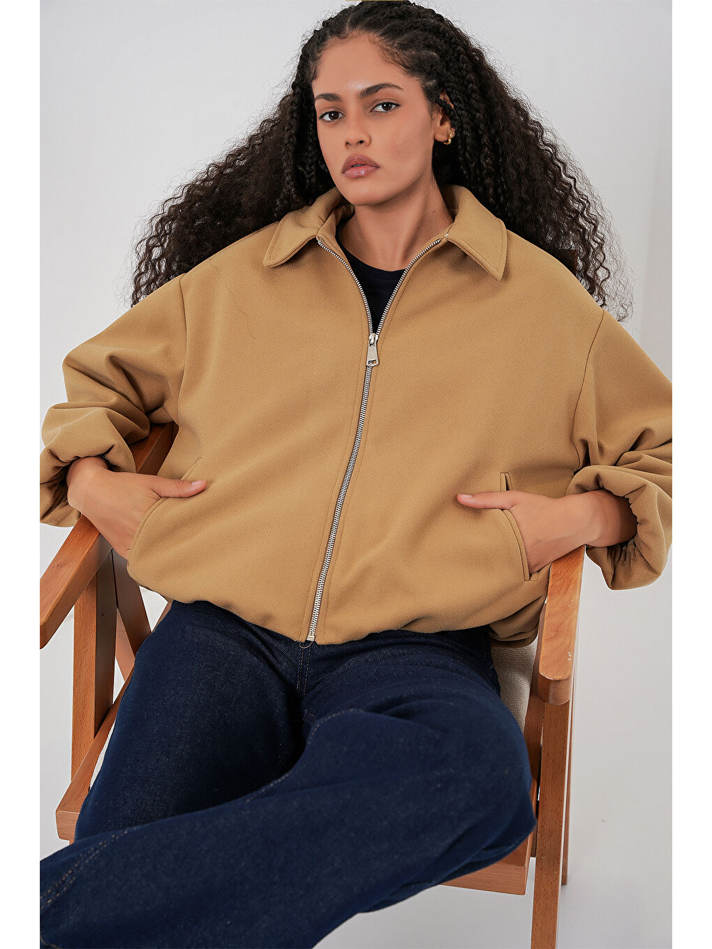 Sarı Kadın Büzgülü Oversize Kaşe Ceket 0728 - Hardal-2