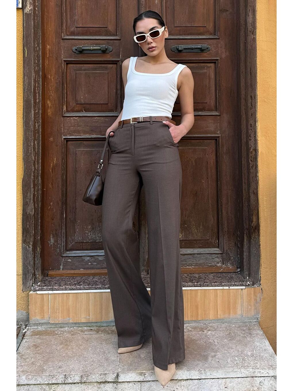 Kahverengi Yüksek Bel Kumaş Pantolon Mg2285