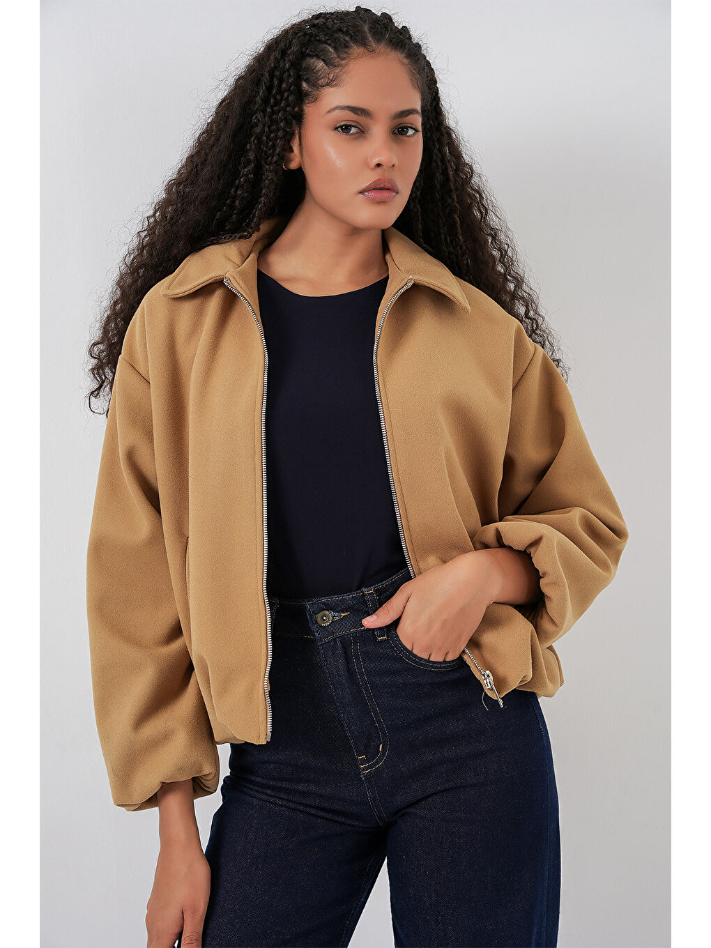 Sarı Kadın Büzgülü Oversize Kaşe Ceket 0728 - Hardal-3