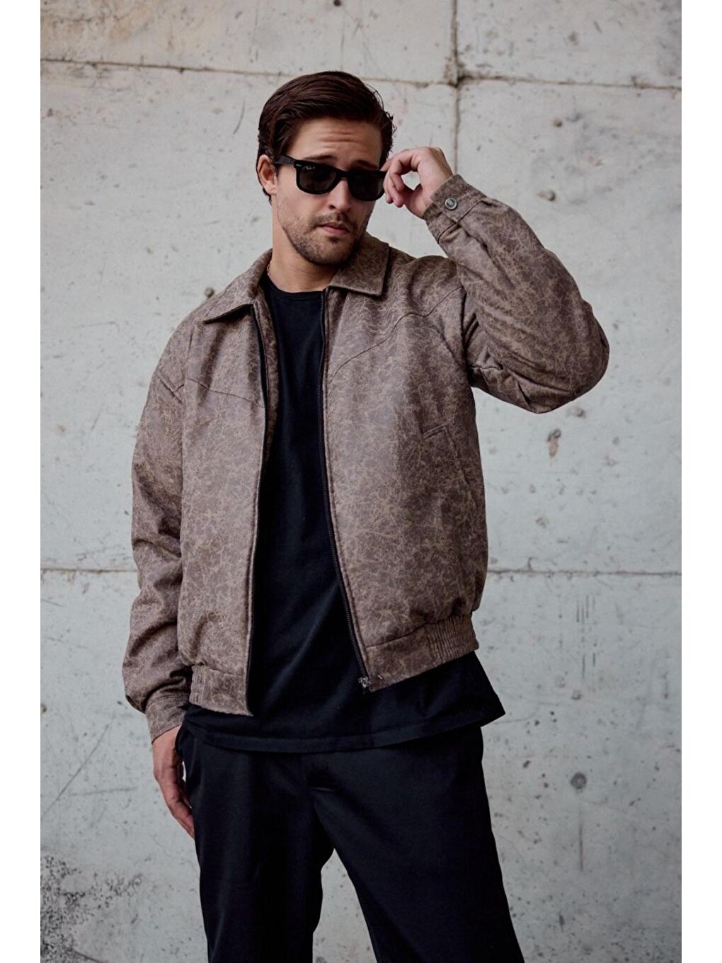 Bej Tica Beli Lastikli Damarlı  Erkek Deri Görünümlü Mont Ceket-2