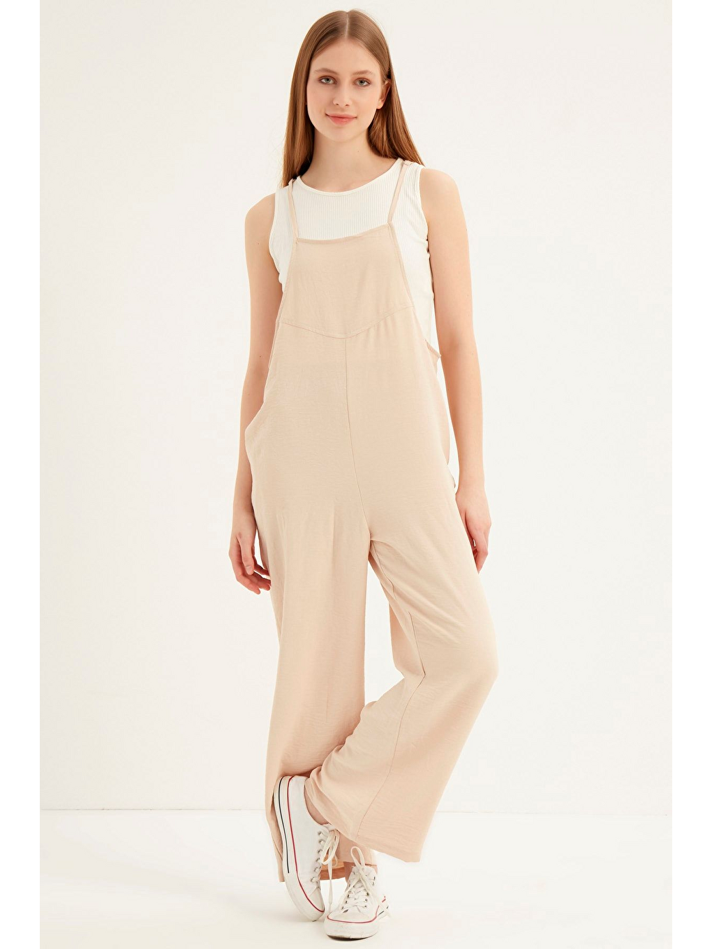 Ekru Kadın Krem Askılı Bol Kesim Atletli Tulum-3