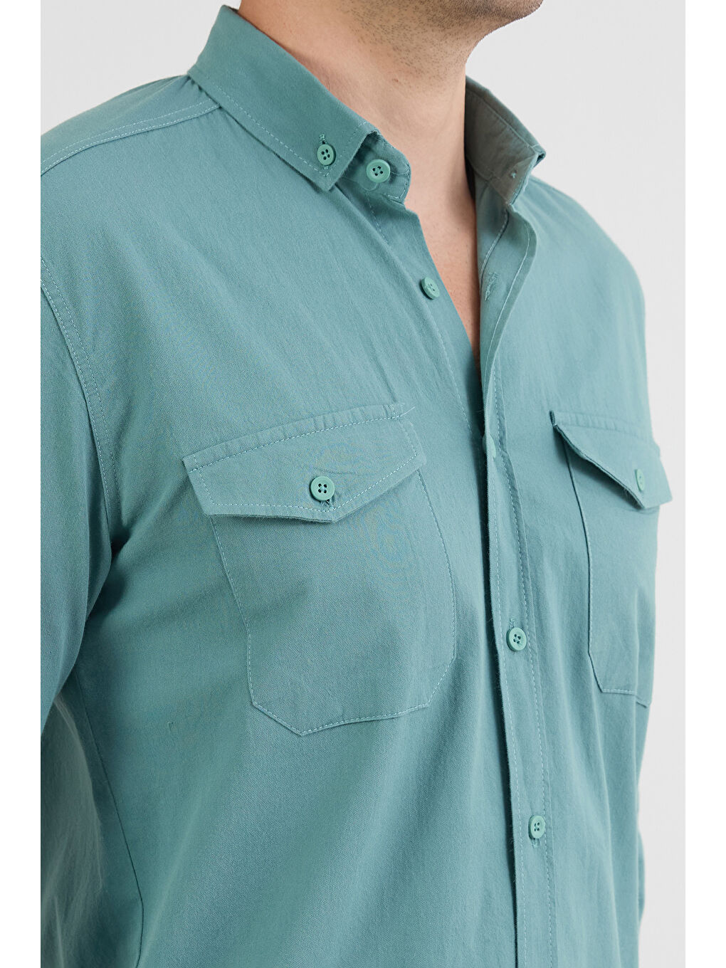 Yeşil Basic Çift Cepli %100 Pamuk Gömlek-4