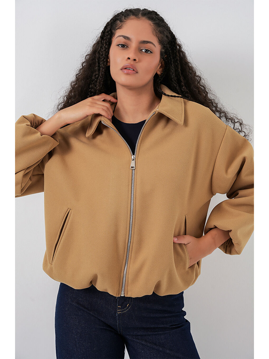 Sarı Kadın Büzgülü Oversize Kaşe Ceket 0728 - Hardal-4