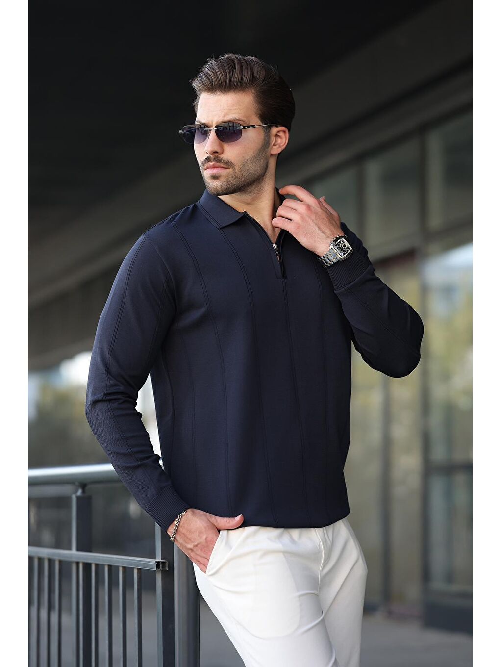 Lacivert Polo Yaka Fermuarlı Erkek Kazak E7427-1