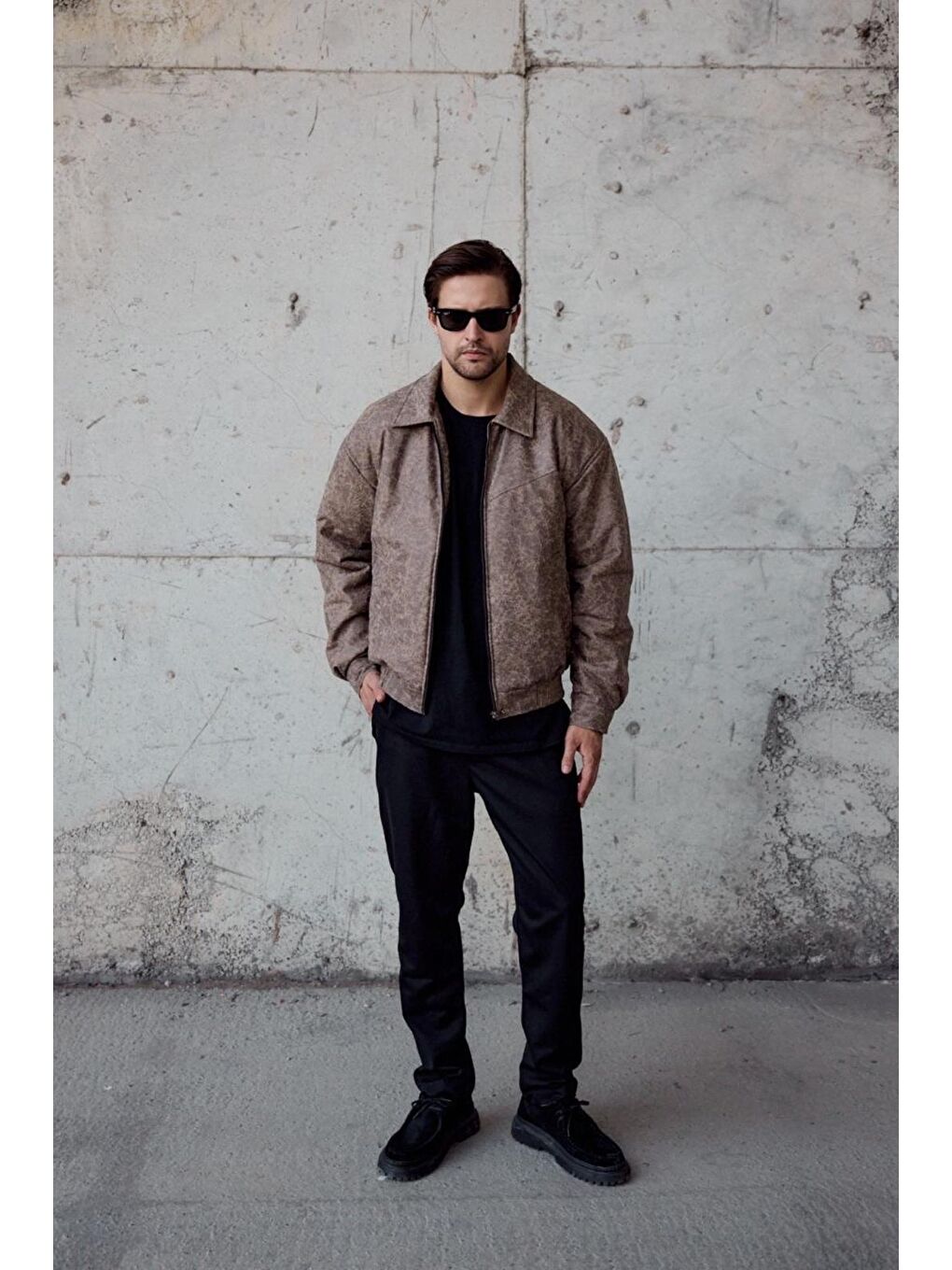 Bej Tica Beli Lastikli Damarlı  Erkek Deri Görünümlü Mont Ceket-3