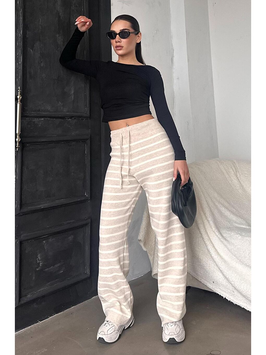 Bej Çizgili Kadın Triko Pantolon Mg2342