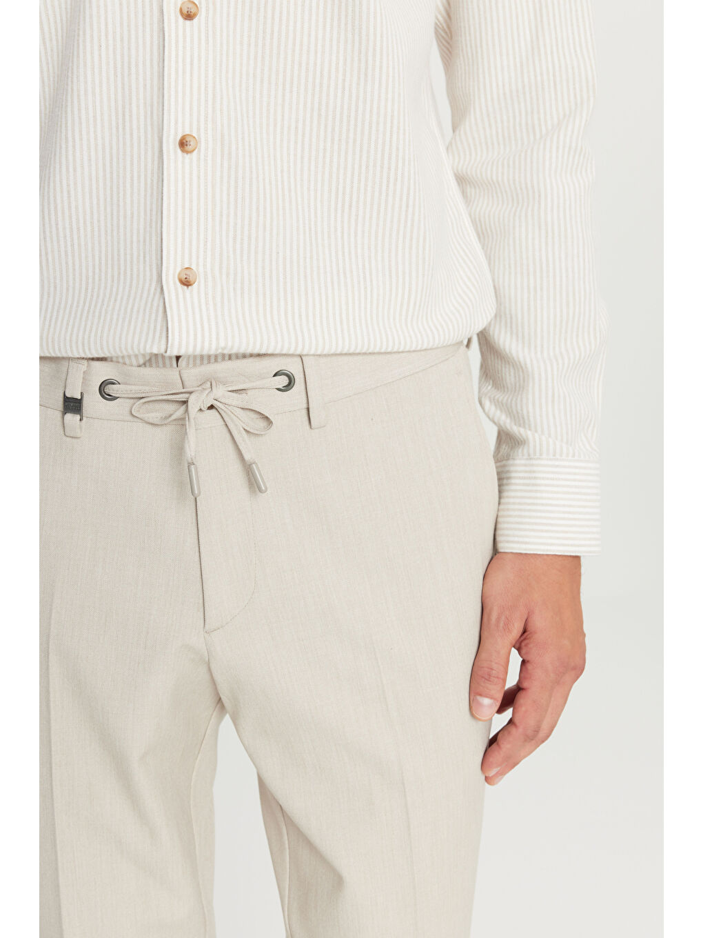 Erkek Bej Slim Fit Dar Kesim Beli Bağlamalı Yan Cepli Casual Esnek Pantolon-3