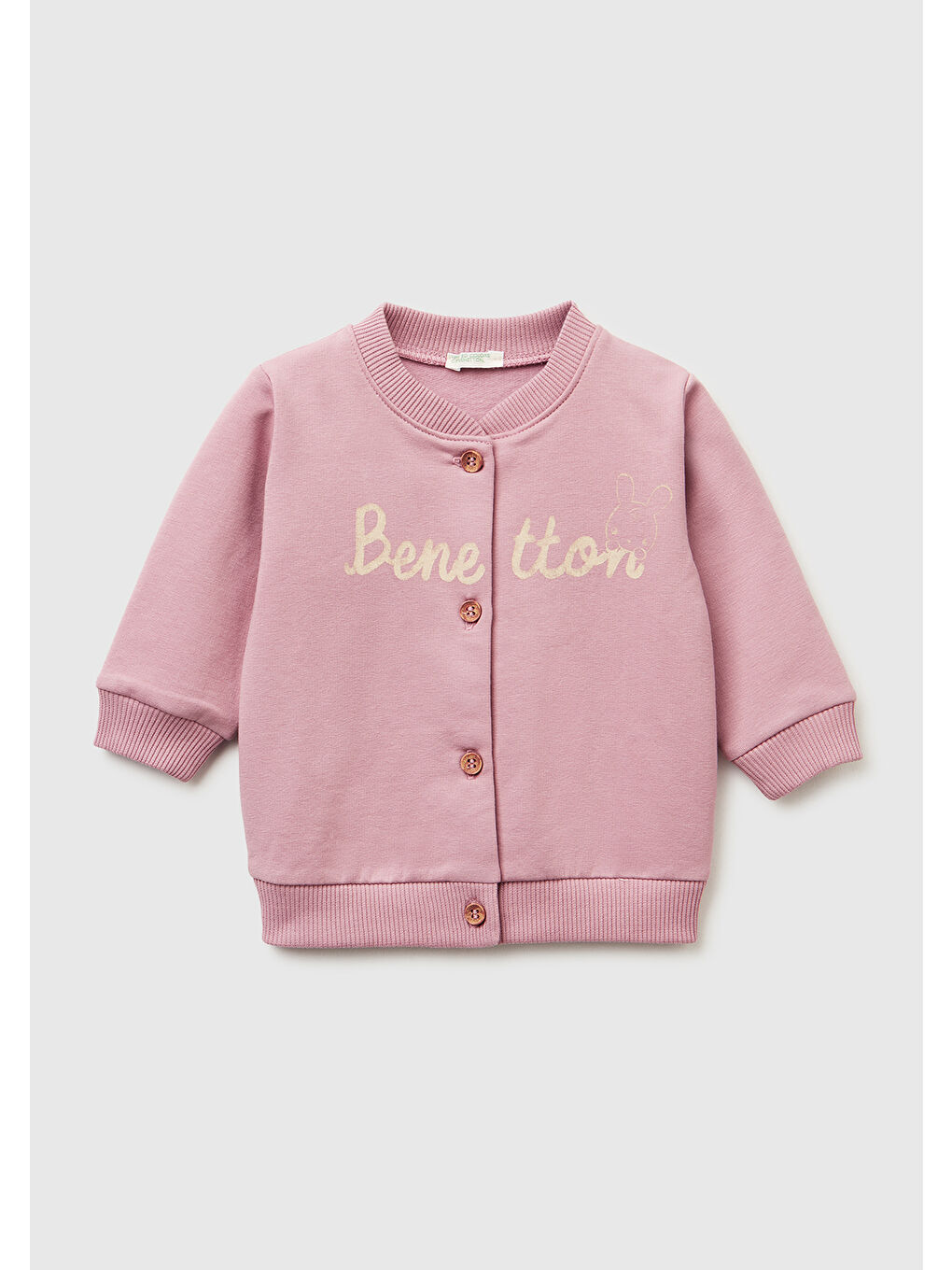 Pembe Bebek Gül Kurusu Önü Logo Baskılı Düğmeli Bomber Yaka Şardonlu Sweatshirt Hırka