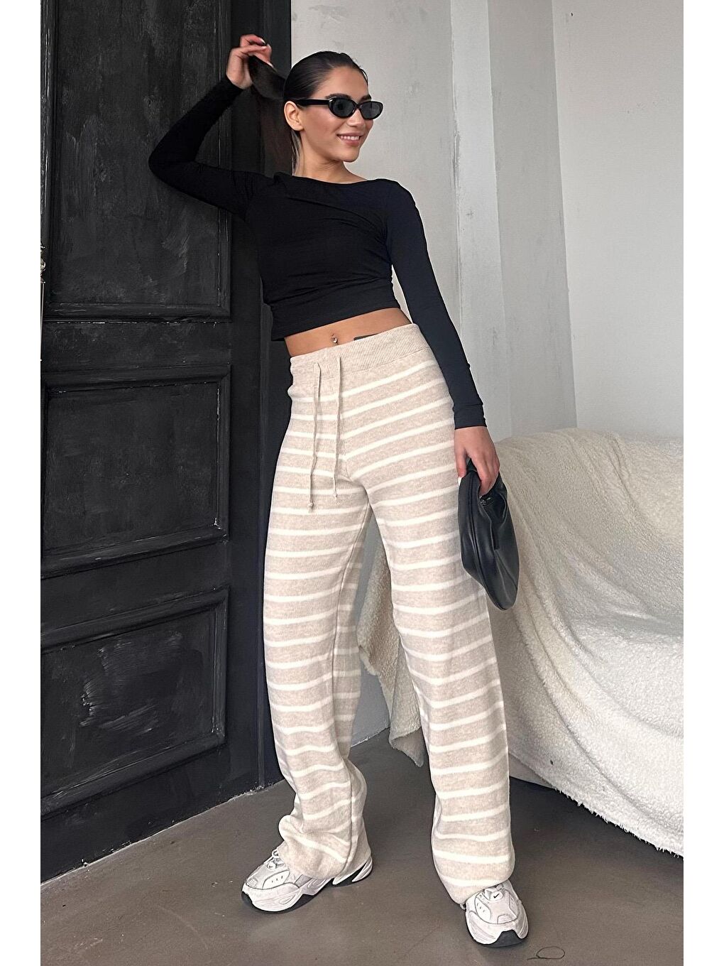 Bej Çizgili Kadın Triko Pantolon Mg2342-1