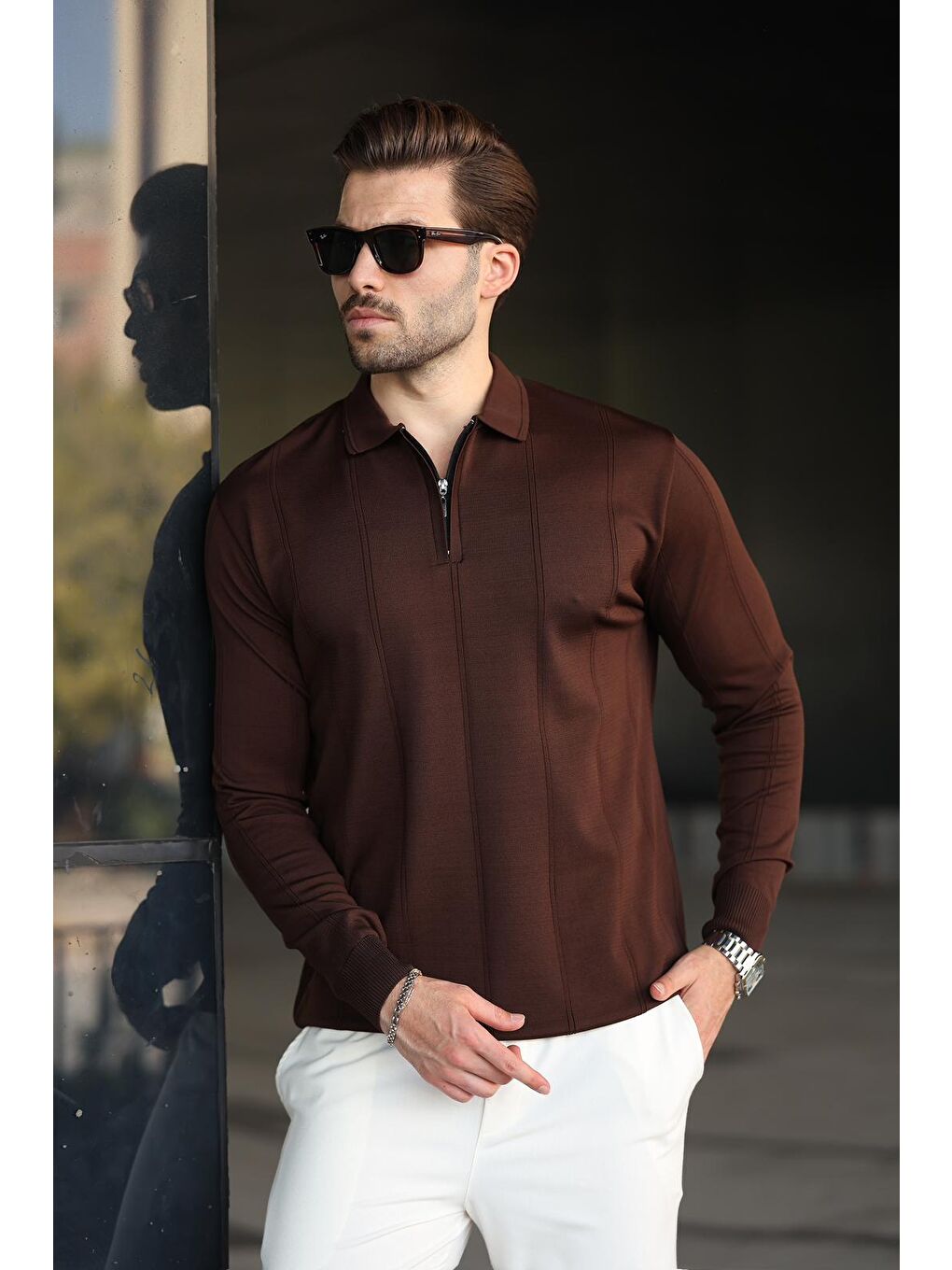 Kahverengi Polo Yaka Fermuarlı Erkek Kazak E7427-1