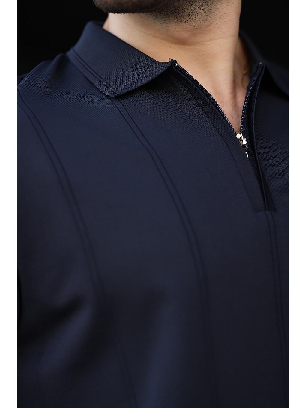 Lacivert Polo Yaka Fermuarlı Erkek Kazak E7427-2