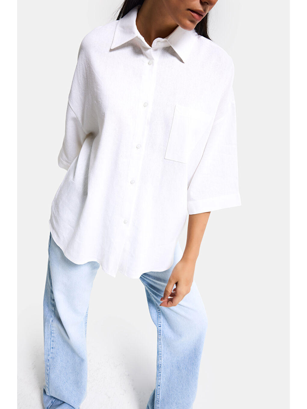 Kadın Beyaz Renk s6-2 %100 Pamuk Oversize Gömlek-1