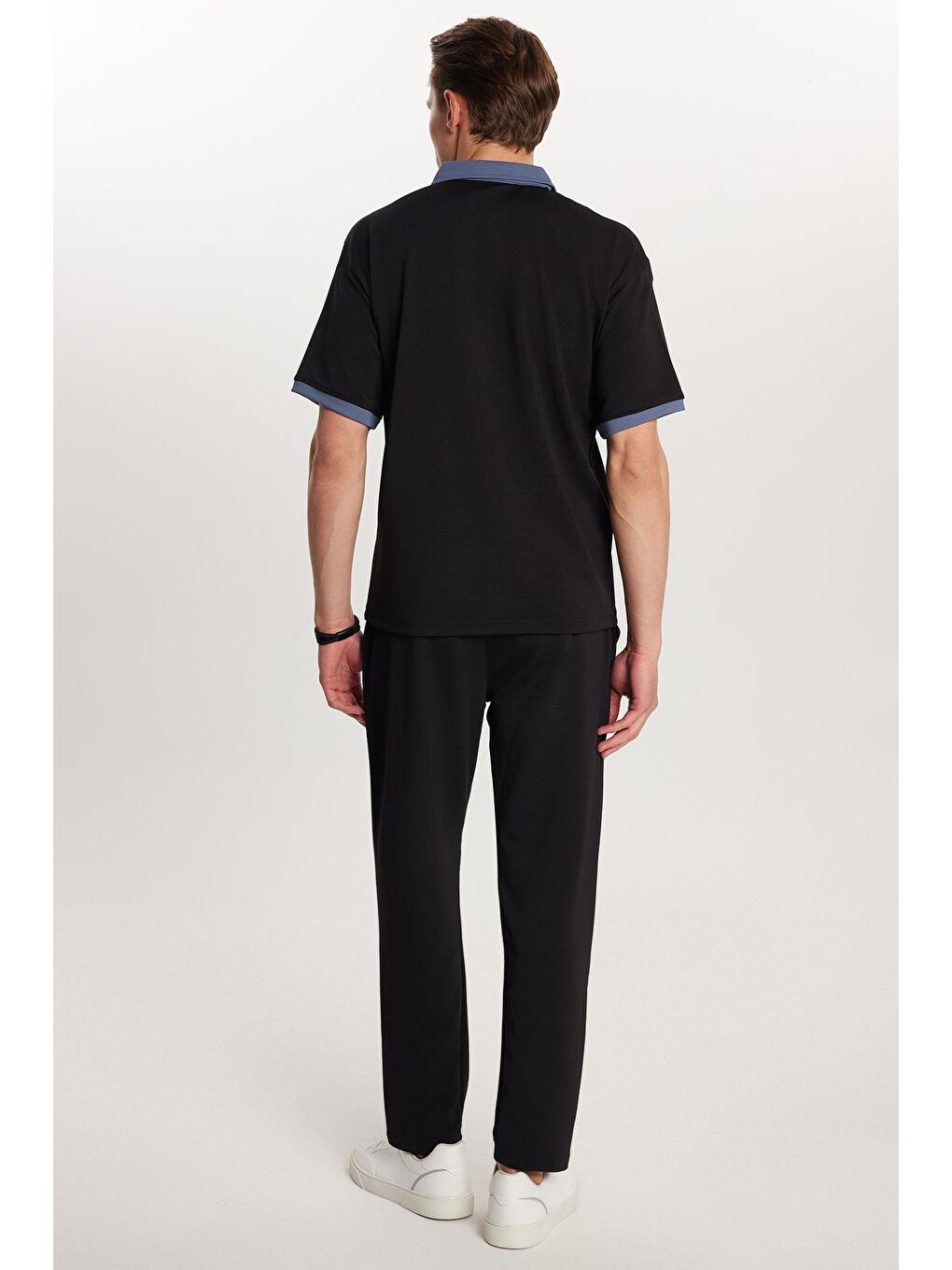 Erkek Standart Fit Pamuklu Jakarlı Fermuarlı Polo Yaka Beli Bağcıklı Siyah Eşofman Takımı-6
