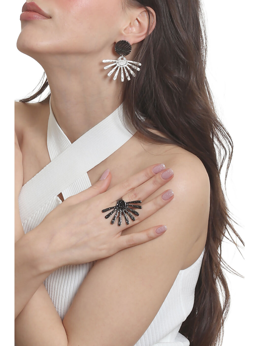 Antrasit Kadın Çivili Model Güneş Küpe & Yüzük Seti-1