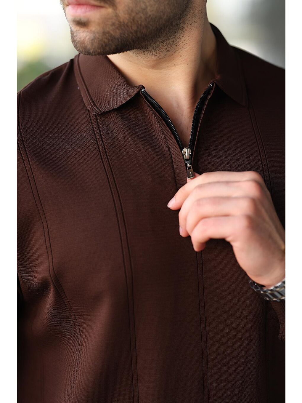 Kahverengi Polo Yaka Fermuarlı Erkek Kazak E7427-2