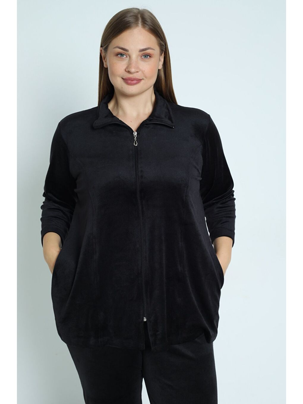 Siyah kadın büyük beden polar uzun kollu cepli fermuarlı soft eşofman takımı-1