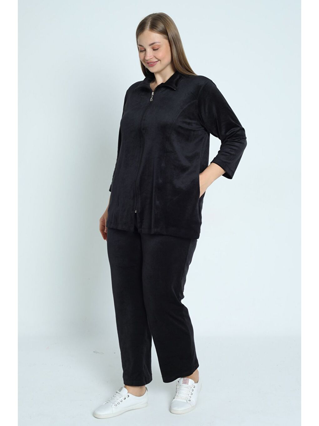 Siyah kadın büyük beden polar uzun kollu cepli fermuarlı soft eşofman takımı-2