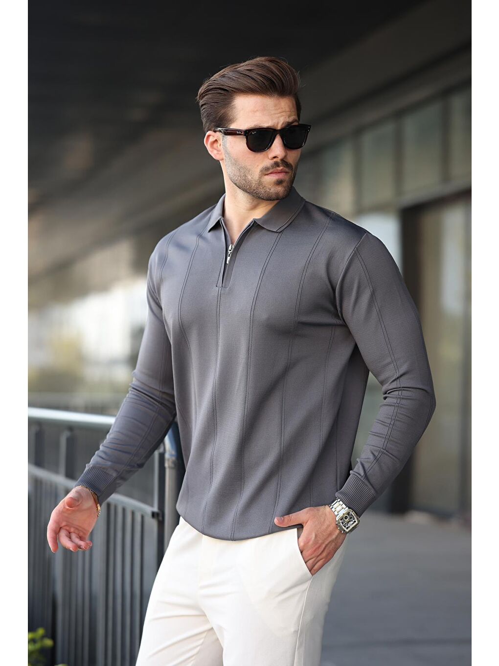 Antrasit Polo Yaka Fermuarlı Erkek Kazak E7427-1