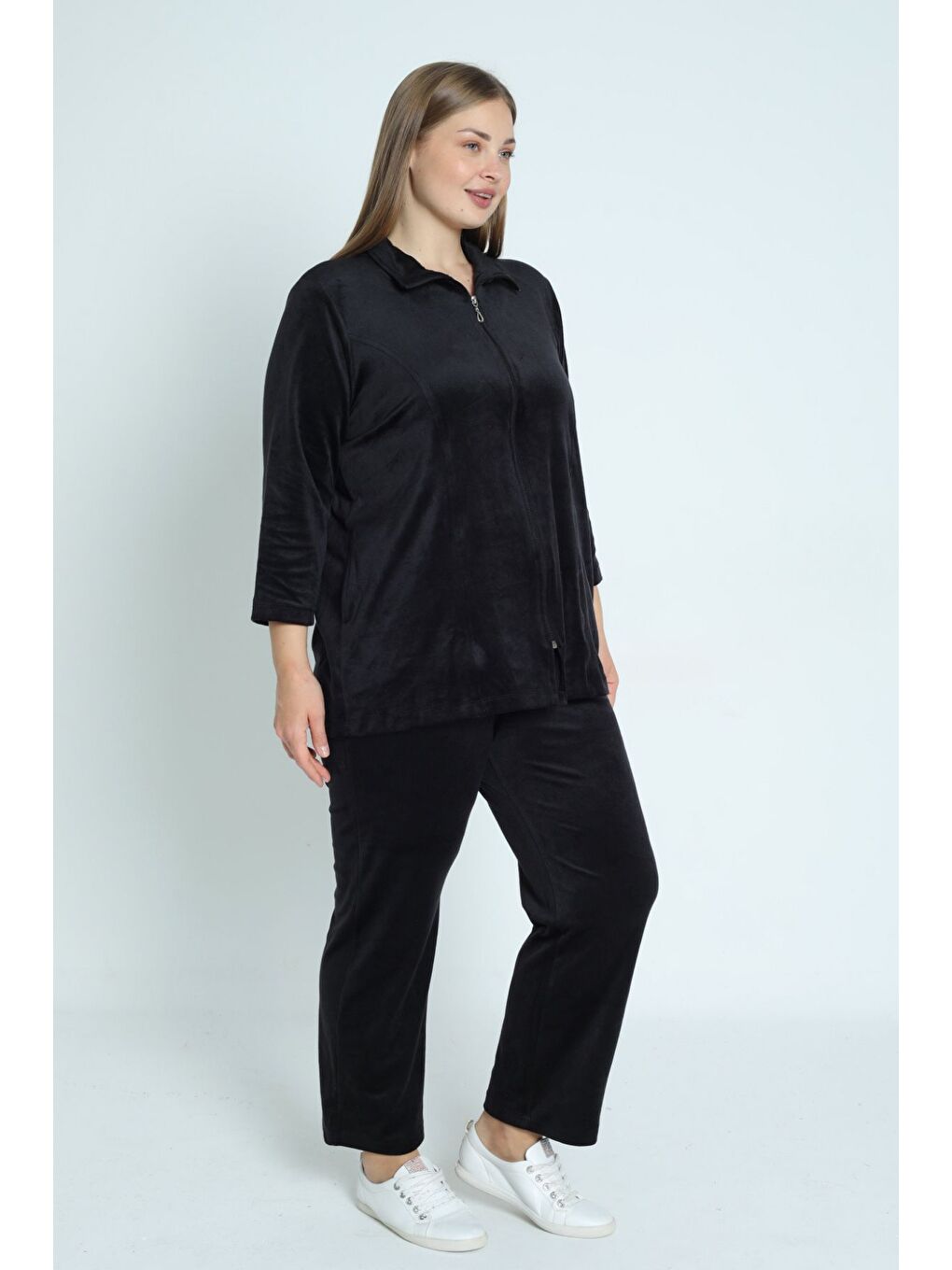 Siyah kadın büyük beden polar uzun kollu cepli fermuarlı soft eşofman takımı-3