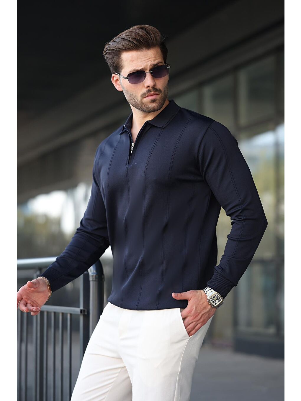 Lacivert Polo Yaka Fermuarlı Erkek Kazak E7427-3