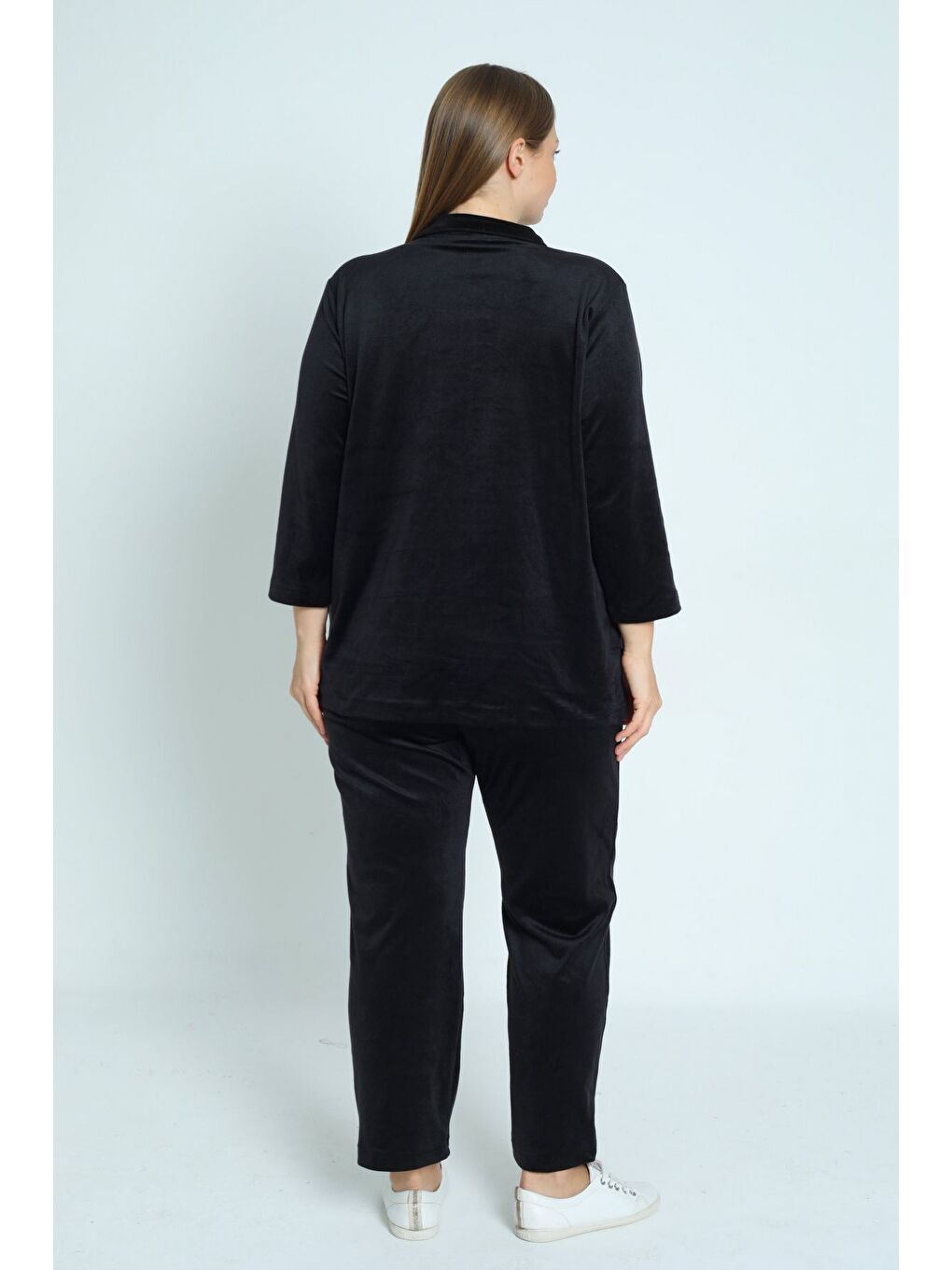 Siyah kadın büyük beden polar uzun kollu cepli fermuarlı soft eşofman takımı-4
