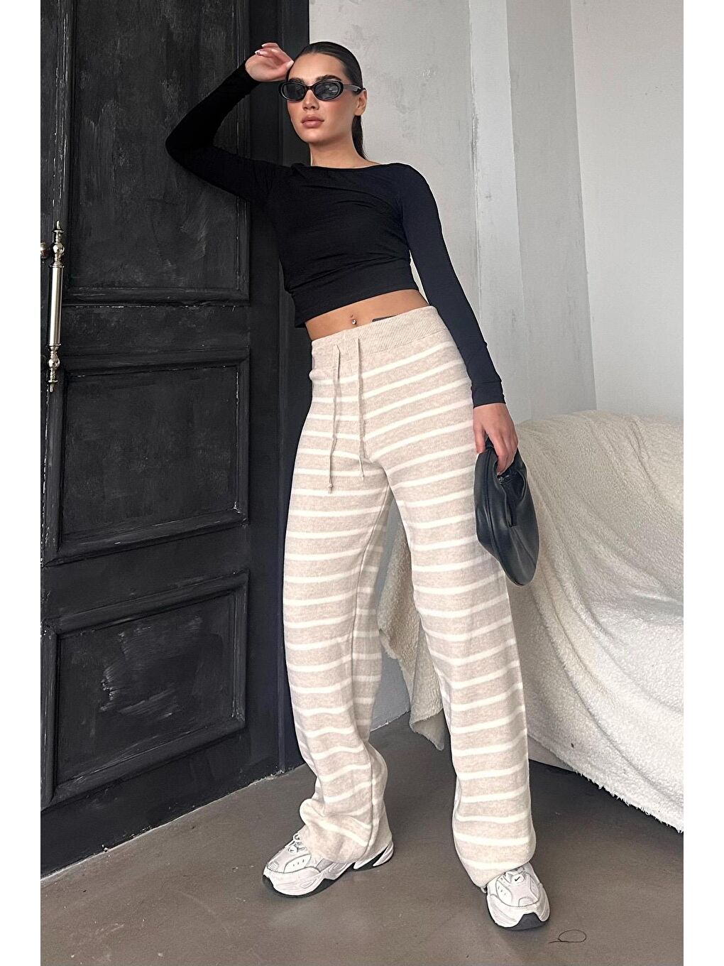 Bej Çizgili Kadın Triko Pantolon Mg2342-3