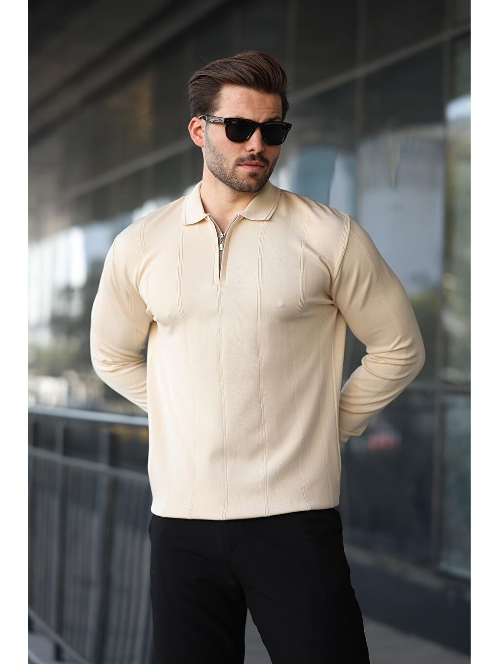 Bej Taş Rengi Polo Yaka Fermuarlı Erkek Kazak E7427-1