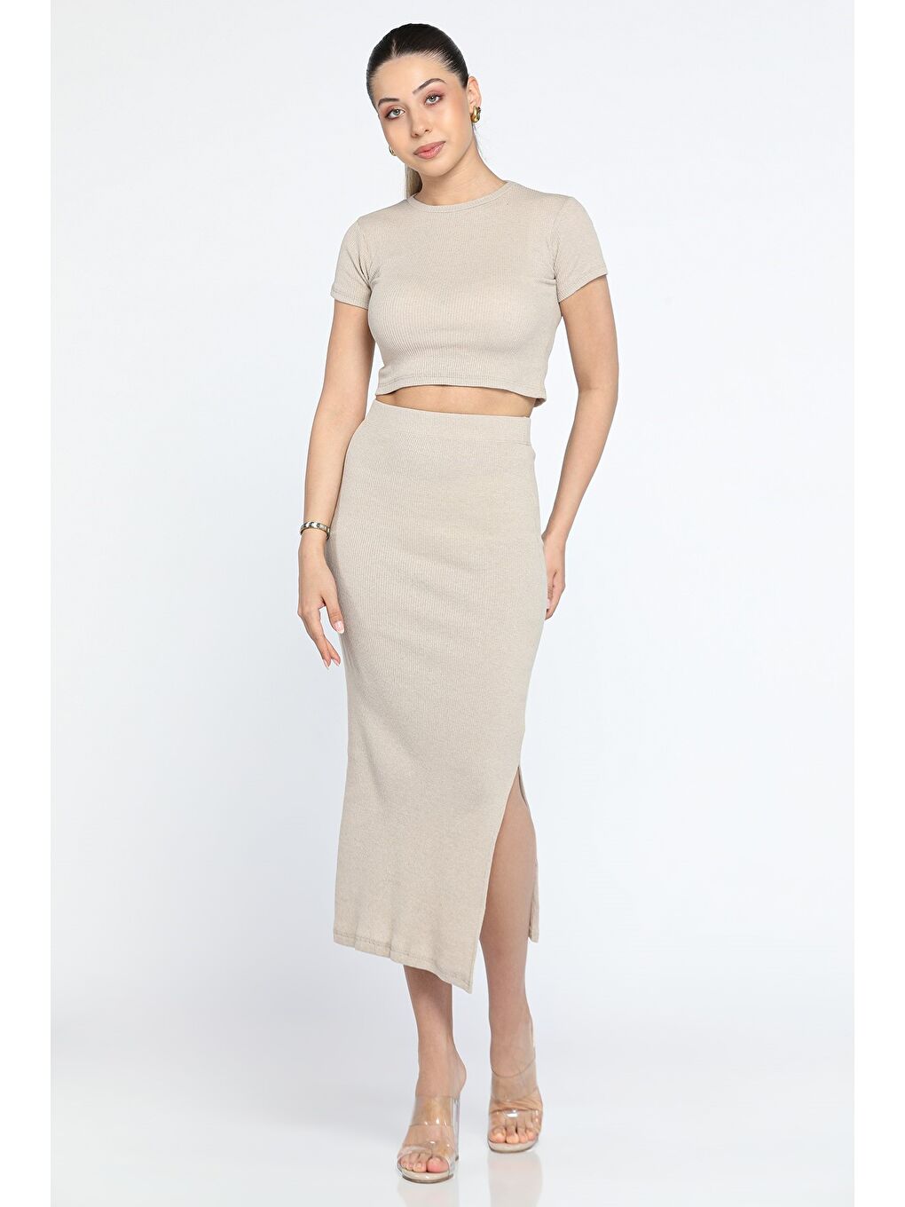 Bej Bisklet Yaka Midi Boy Elastanlı Yırtmaçlı Kaşkorse Kadın İkili Takım