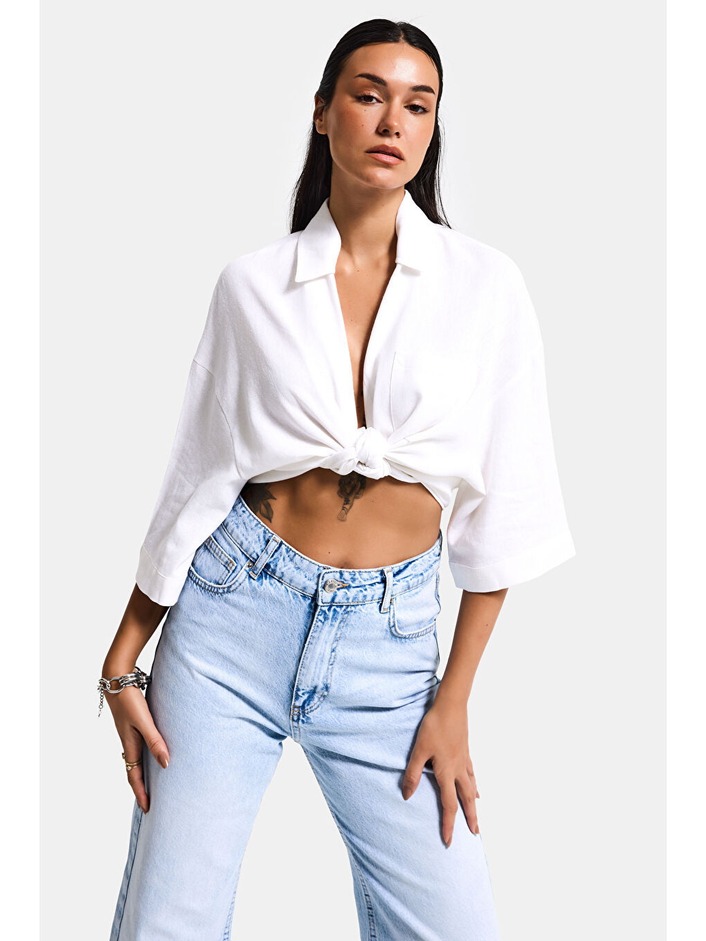 Kadın Beyaz Renk s6-2 %100 Pamuk Oversize Gömlek-2