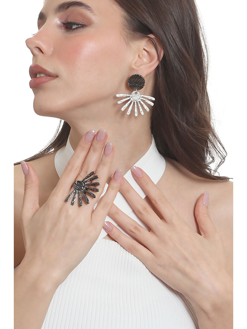 Antrasit Kadın Çivili Model Güneş Küpe & Yüzük Seti-2